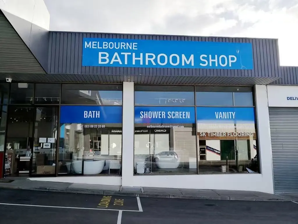 The Melbourne Bathroom Shop entrance on Whitehorse Road, with its blue signage